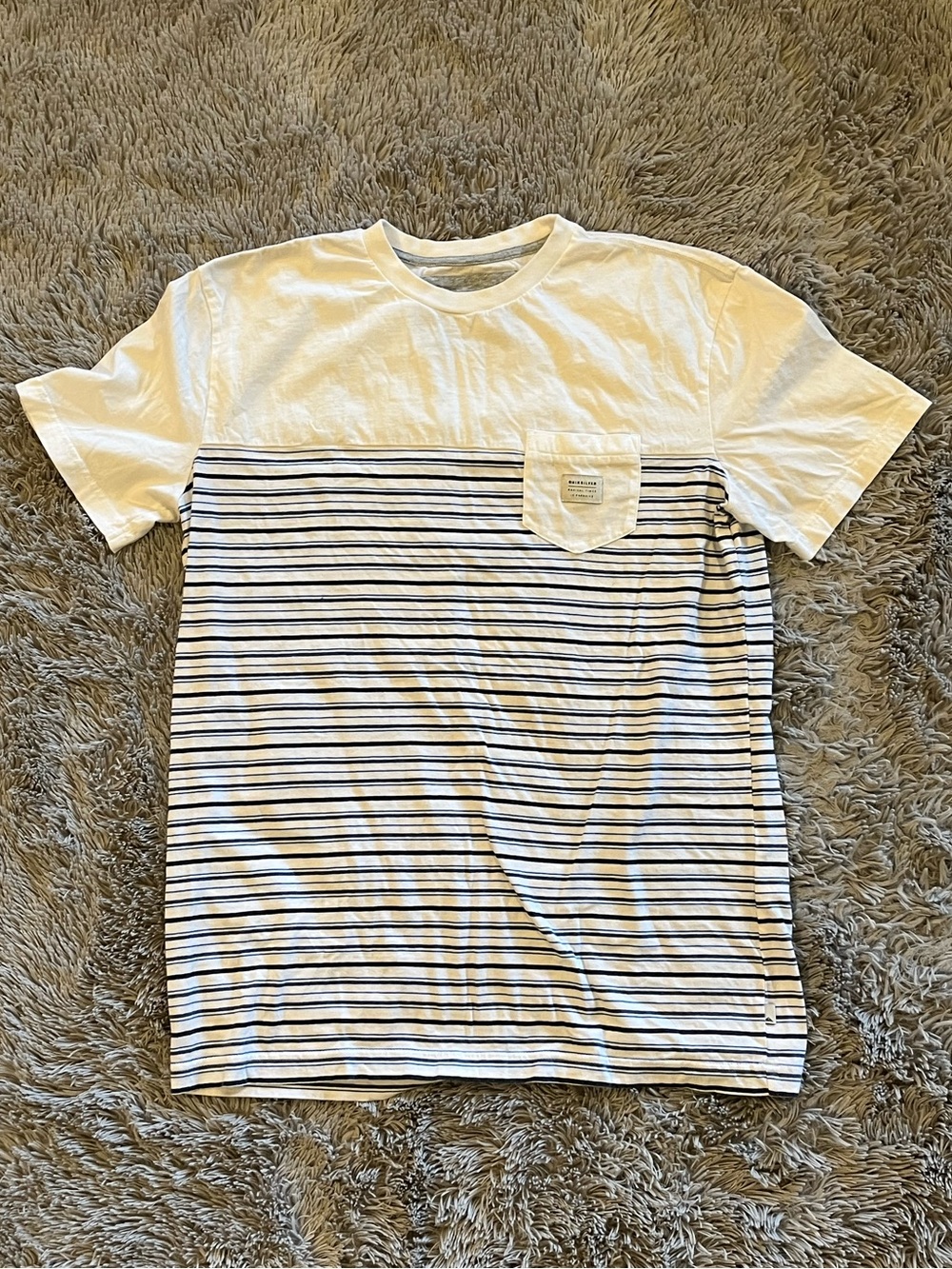 Quiksilver White Top with Navy Striped Pocket Tee